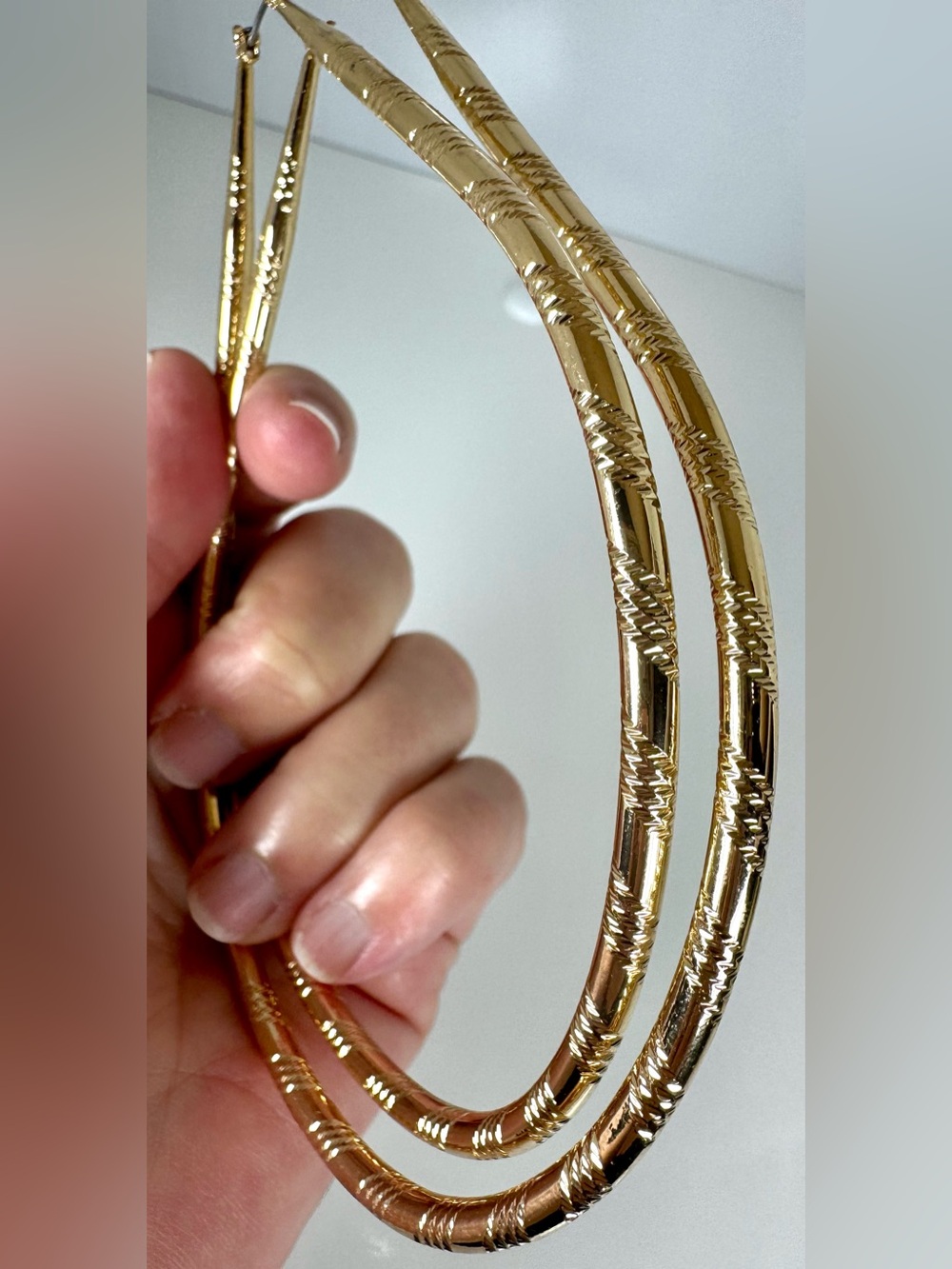 Oversized Gold-tone Twisted Etched Tear Drop Hoop Earrings - 5” #1748